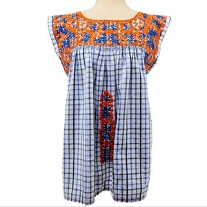 Mi Golondrina Flores Blouse in Blue and White Check Size Medium